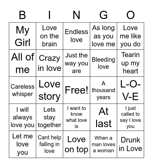 Love Songs Bingo Card
