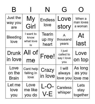 Love Songs Bingo Card