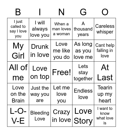 Love songs bingo Card