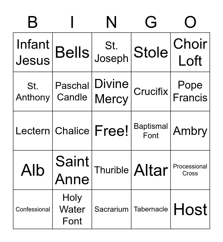 Church Tour Bingo Card