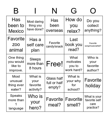 Self Care and Intro Bingo Card
