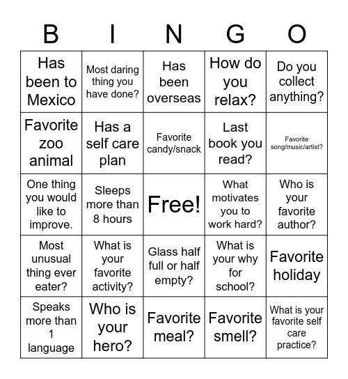 Self Care and Intro Bingo Card