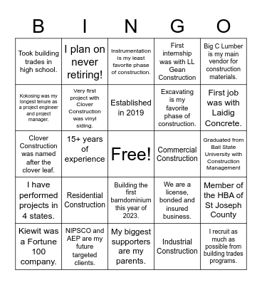 Clover Construction Bingo Card