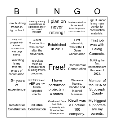 Clover Construction Bingo Card