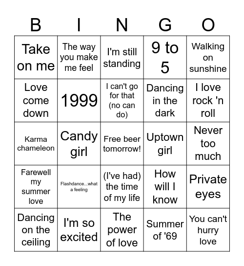 Party 80's Bingo Card