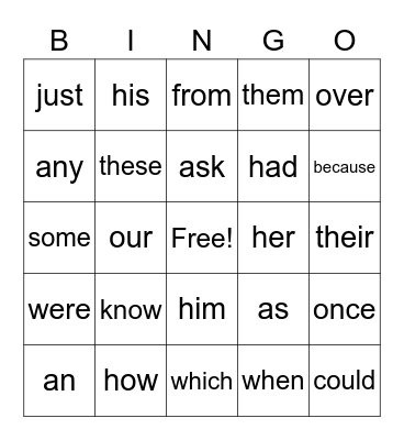 Sight Words Bingo Card