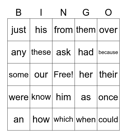 Sight Words Bingo Card