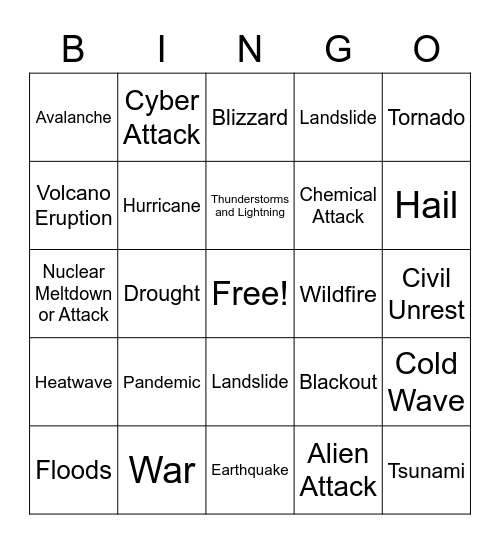 DISASTER BINGO! Bingo Card