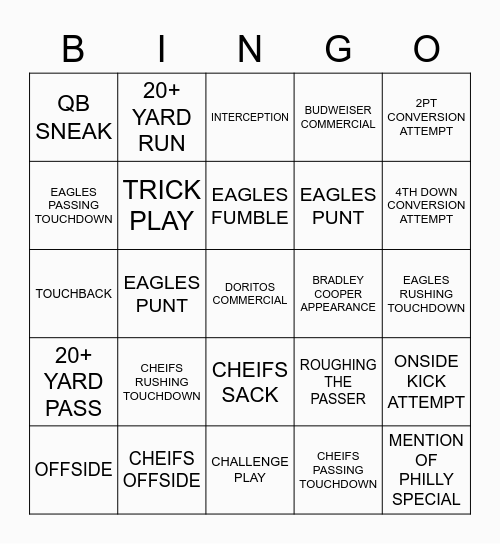 SUPER BOWL BINGO Card