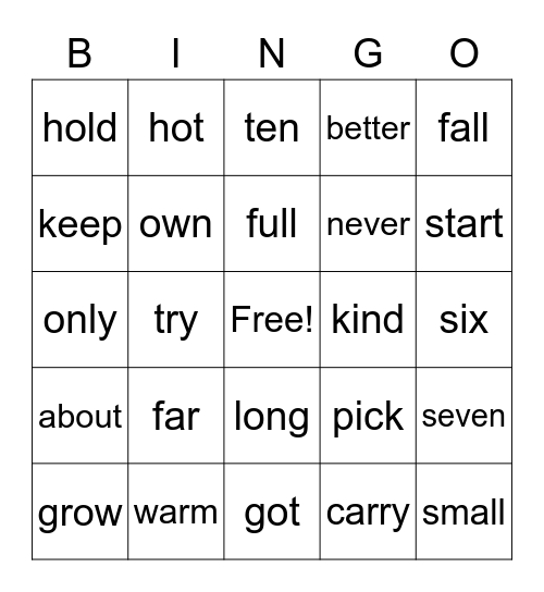 Sight Word Bingo Card