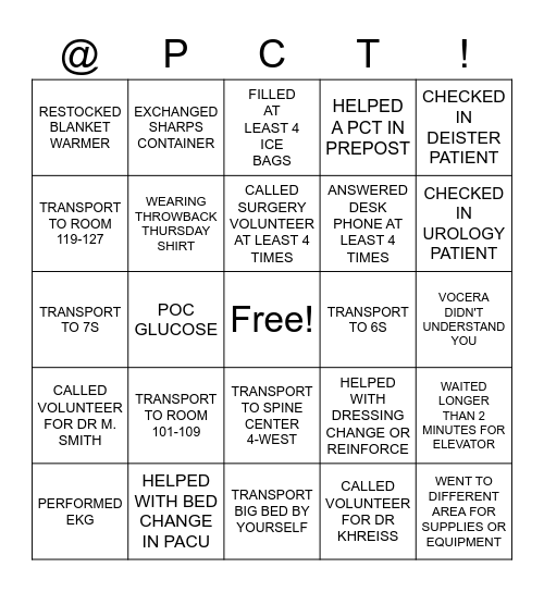 PACU PCT Bingo Card