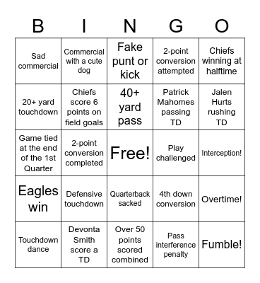 Providence Super Bowl Bingo Card