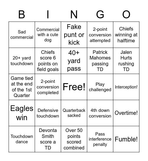 Providence Super Bowl Bingo Card