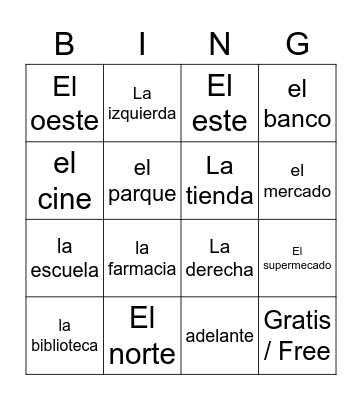 Las direcciones / Los lugares de la ciudad Bingo Card