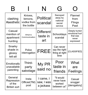 Breakup Bingo: uni!AU Bingo Card