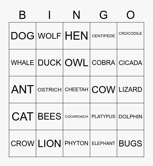 ANIMAL KINGDOM Bingo Card