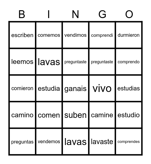 LOTERIA PRESENTE Y PRETERITO Bingo Card
