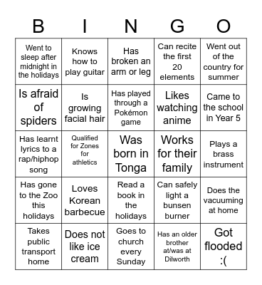 Dilworth JC Bingo Card
