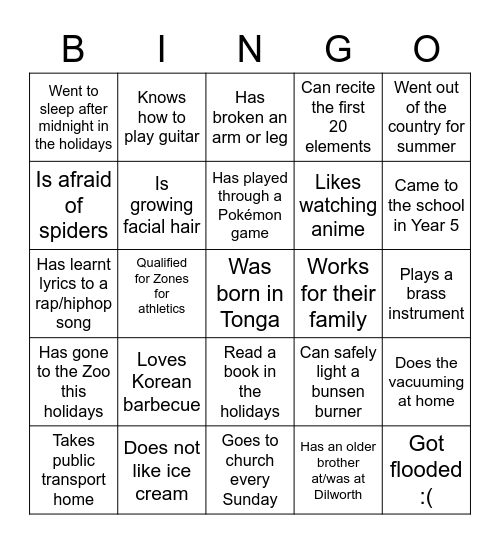 Dilworth JC Bingo Card