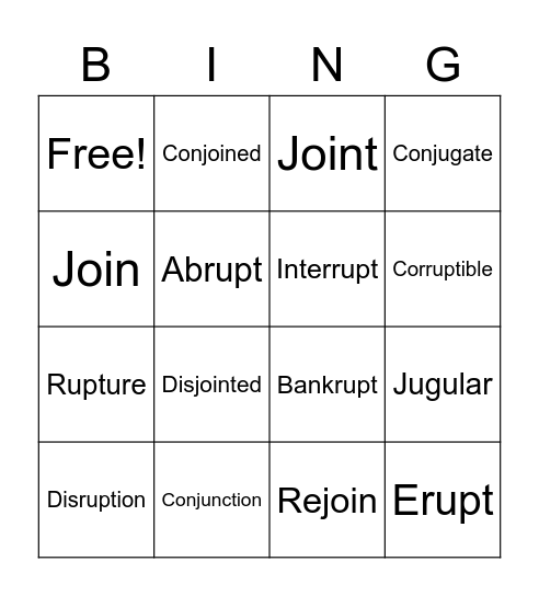 Review Bingo: Junct, Join, Jug & Rupt Bingo Card