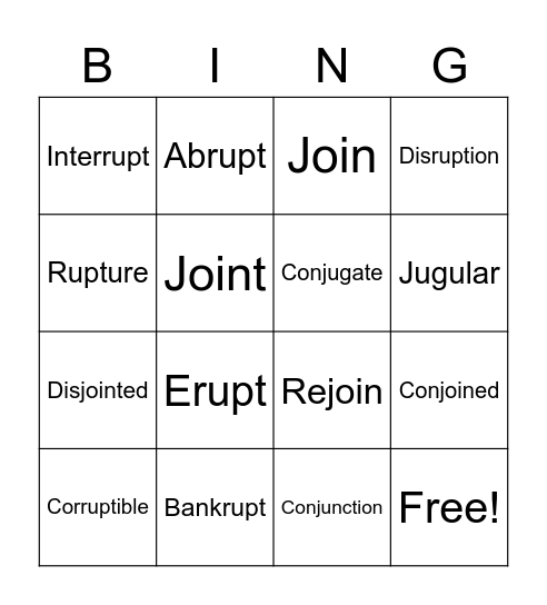 Review Bingo: Junct, Join, Jug & Rupt Bingo Card