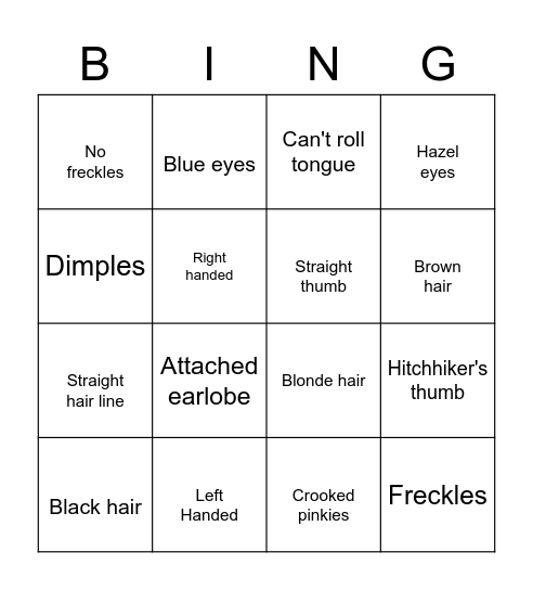 Inherited Traits Bingo Card