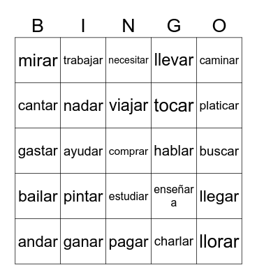 AR Verbs Bingo Card