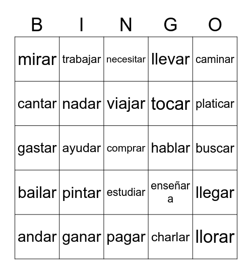 AR Verbs Bingo Card