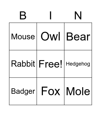 Animal  Bingo Card
