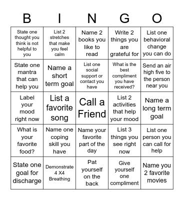 Mental Health Bingo Card