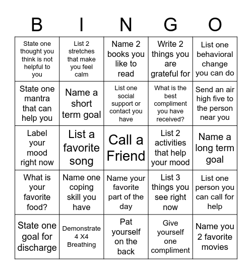 Mental Health Bingo Card