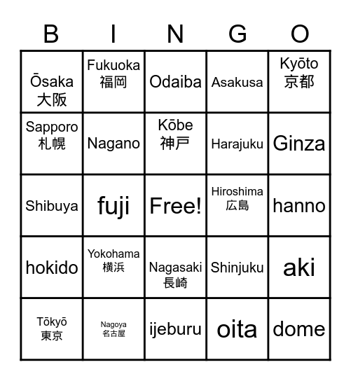 Japan Bingo Card