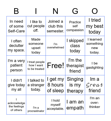 Self Awareness Bingo Card