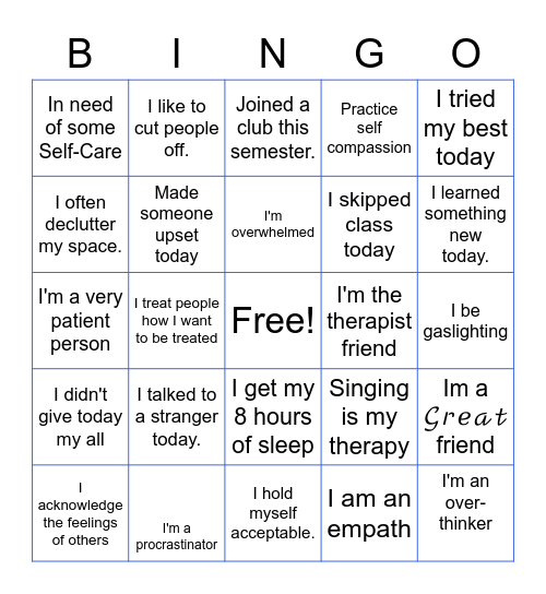 Self Awareness Bingo Card