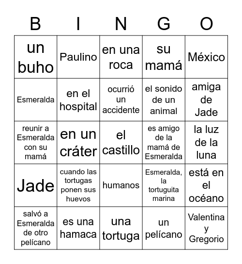 Esmeralda, la tortuguita marina- 4-6 preguntas Bingo Card