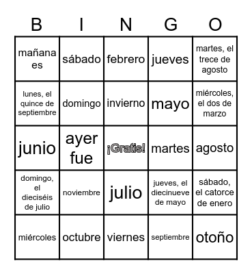 La Fecha, Meses y Días Bingo Card