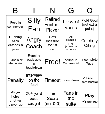 Game Day Bingo Card