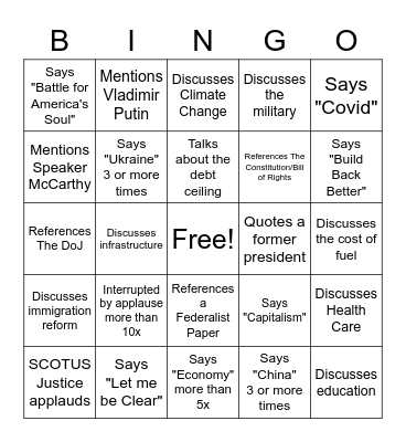 2022 State of the Union Bingo Card