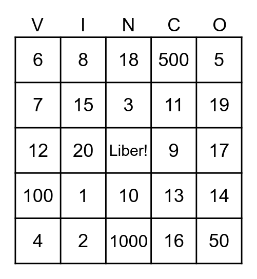 Latin Numbers Bingo Card