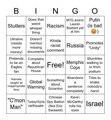 2023 SOTU Bingo Card