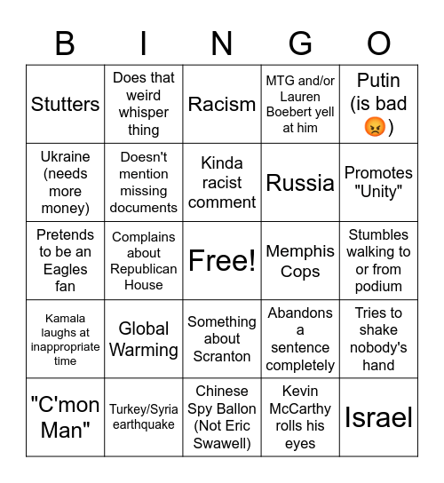 2023 SOTU Bingo Card