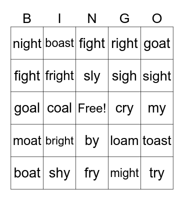 y = i, oa, igh Bingo Card