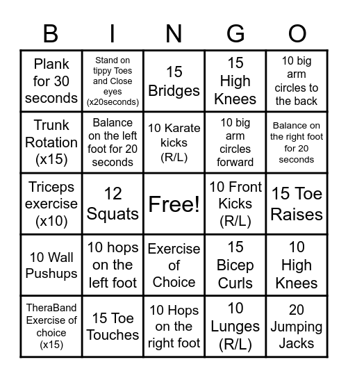 Gross Motor BINGO Card