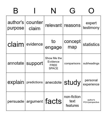 Evidence BINGO Card