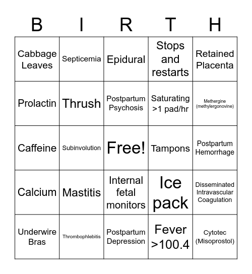 Postpartum Game Bingo Card