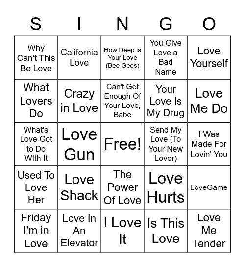 LOVE SINGO Bingo Card
