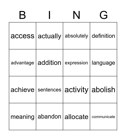 SPELLING WORDS Bingo Card