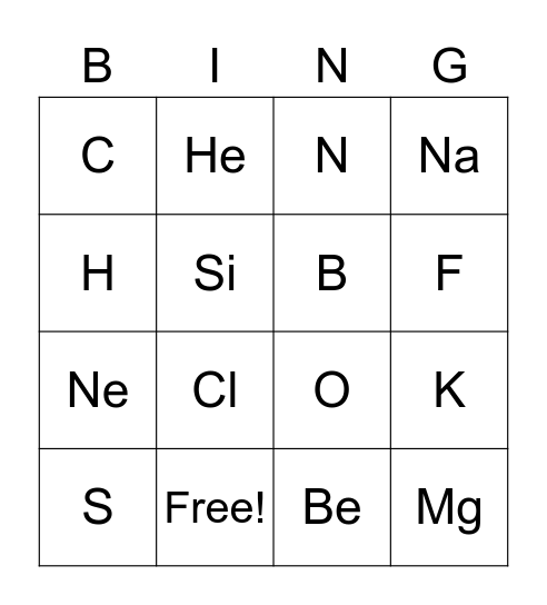 First 20 Elements Bingo Card