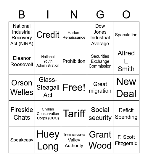 Great Depression Bingo Card
