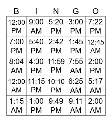 What time is it? Bingo Card